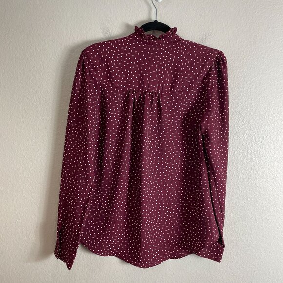 Express Portofino Shirt Womens XS Polka Dot Blouse Burgundy White Ruffle Neck - Picture 9 of 10